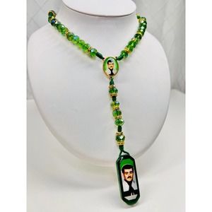 Jesus Malverde Rosary Necklace Green Wood Pendant Knotted Rope Beads NEW
